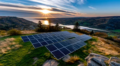 Solar Panel Array On A Grassy Hillside At Sunset