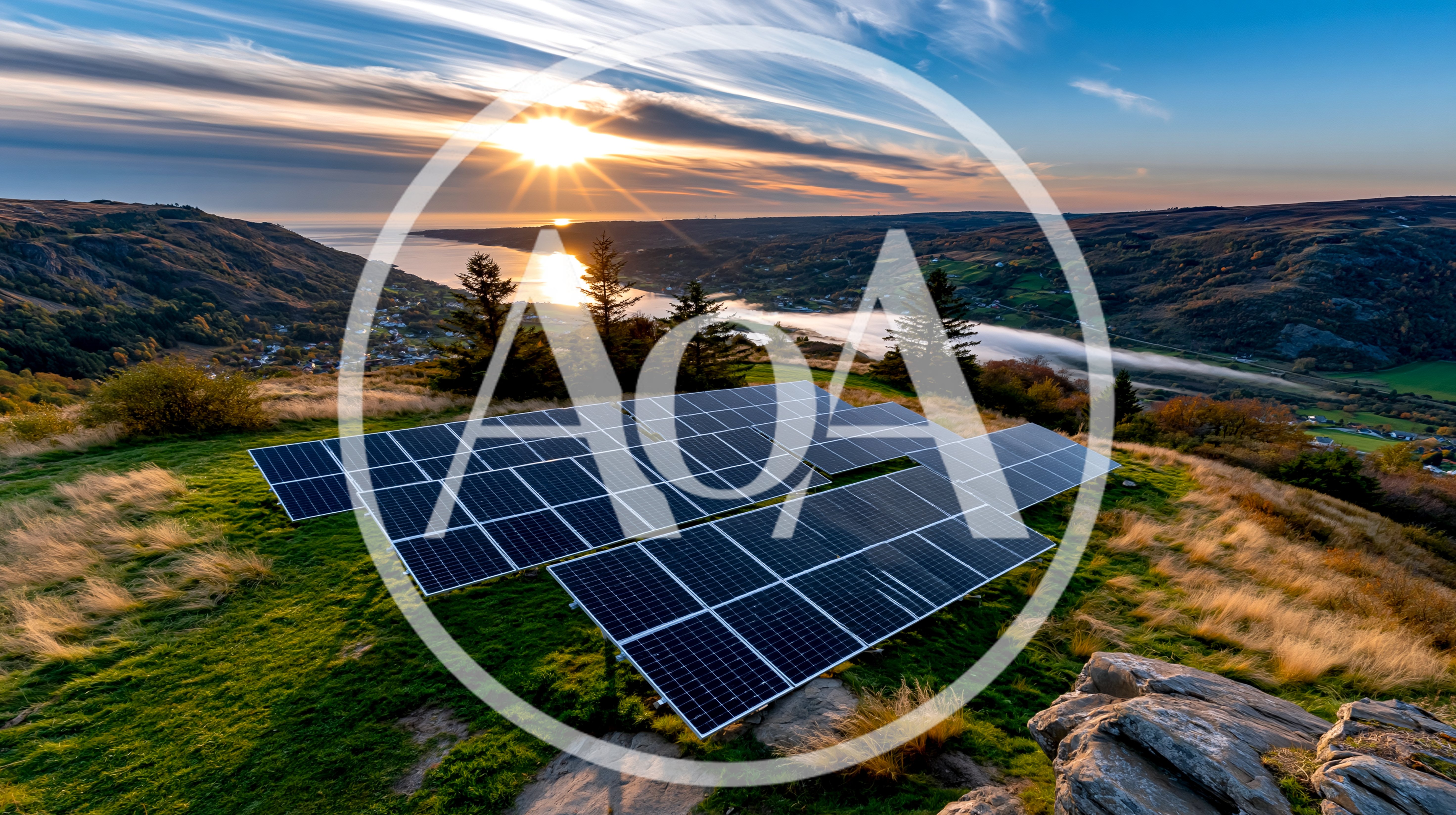 Solar Panel Array On A Grassy Hillside At Sunset