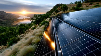Solar Panels Installed On A Grassy Hillside At Sunset