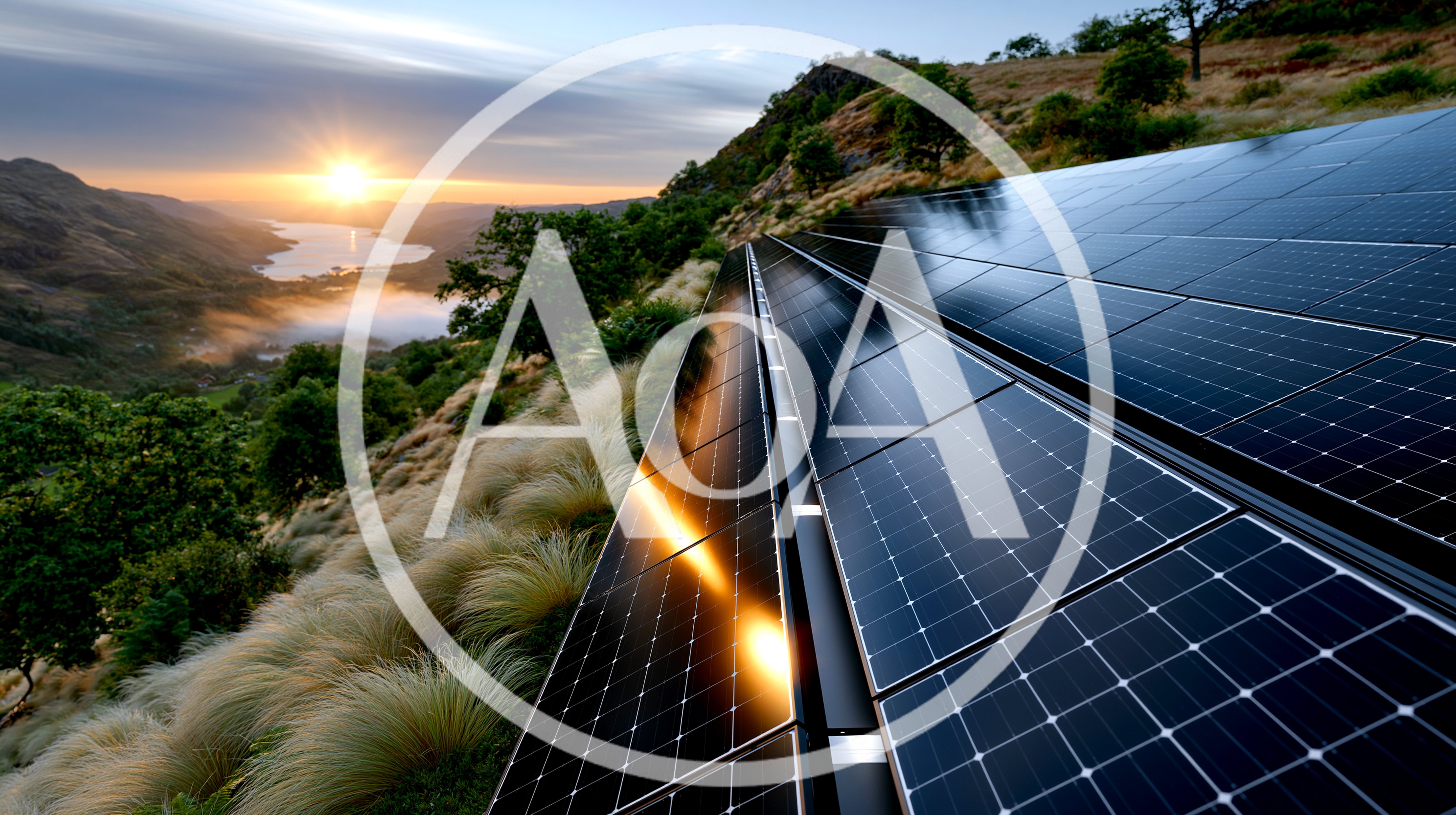 Solar Panels Installed On A Grassy Hillside At Sunset
