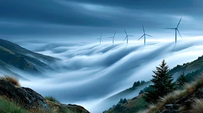 Wind Turbines Rising Above A Rolling Sea Of Fog