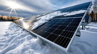 Solar Panels Partially Covered In Snow During Winter