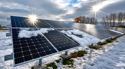 Solar Panels Partially Covered In Snow During Winter