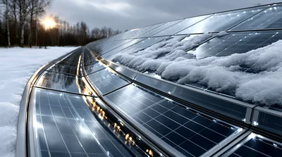 Curved Solar Panel Array Covered In Winter Snow