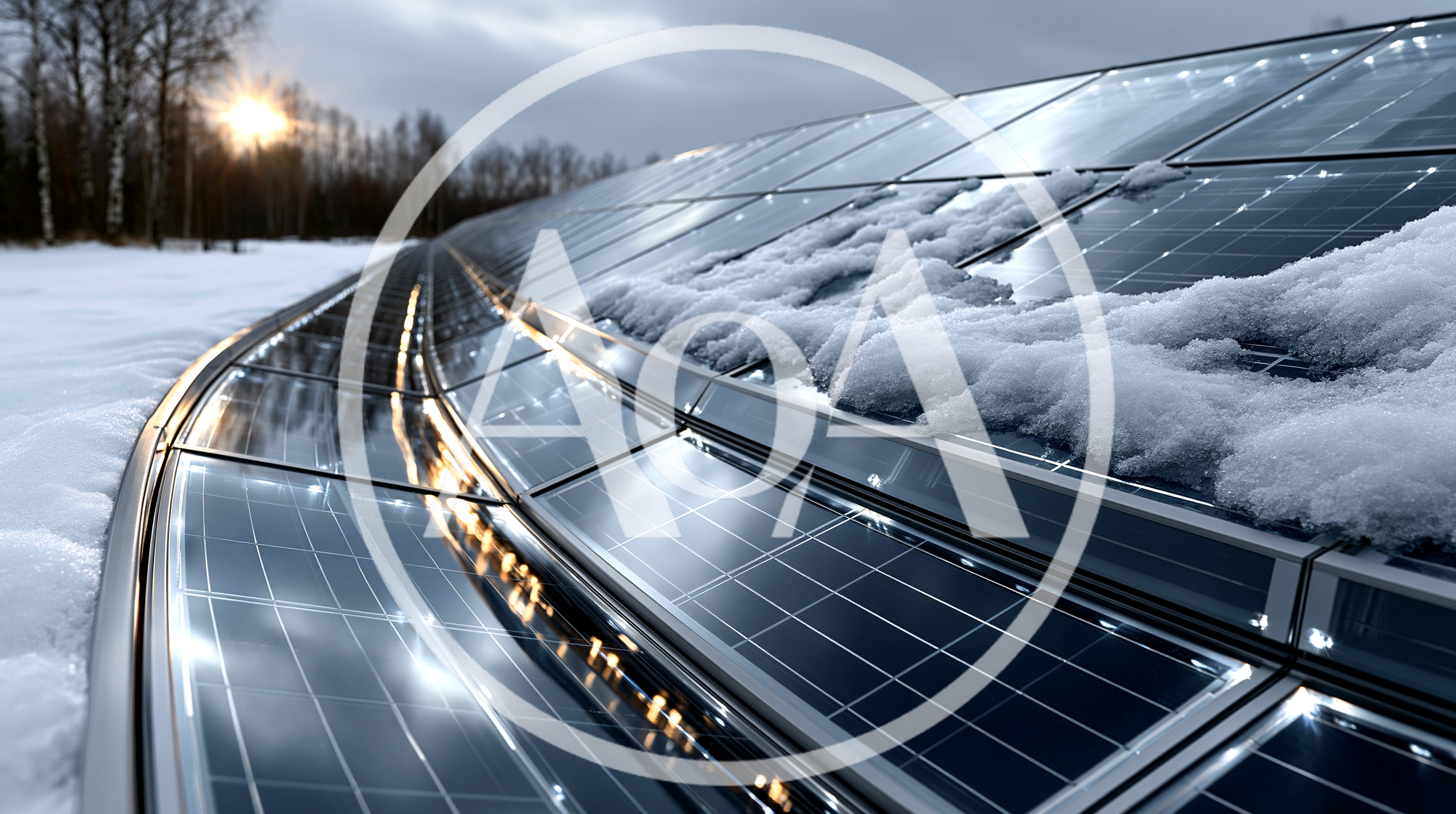 Curved Solar Panel Array Covered In Winter Snow
