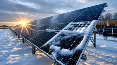 Solar Panels Covered In Snow During Winter Sunrise