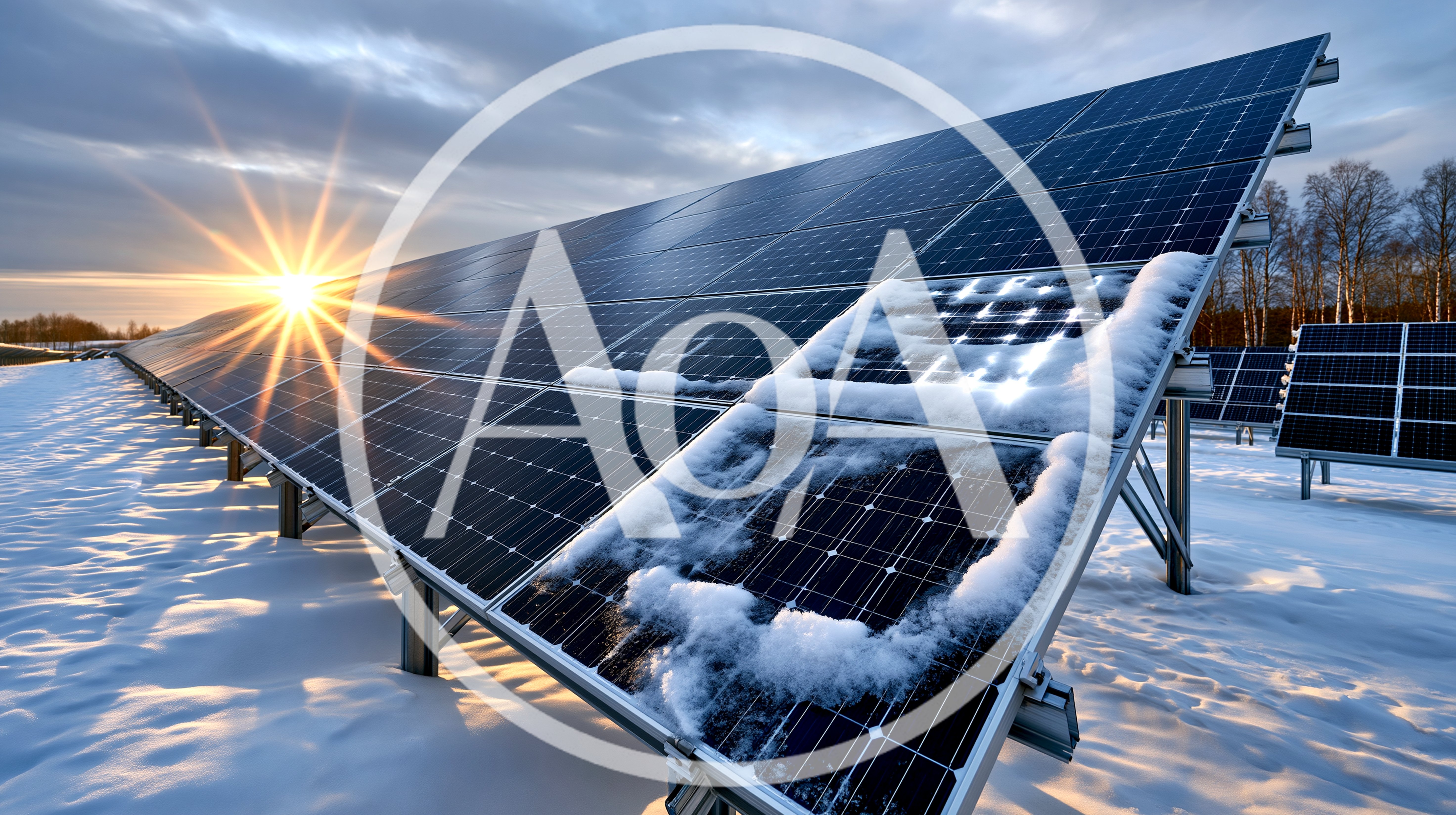 Solar Panels Covered In Snow During Winter Sunrise