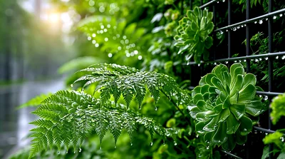 Raindrops On Ferns And Succulents On Vertical Garden Wall