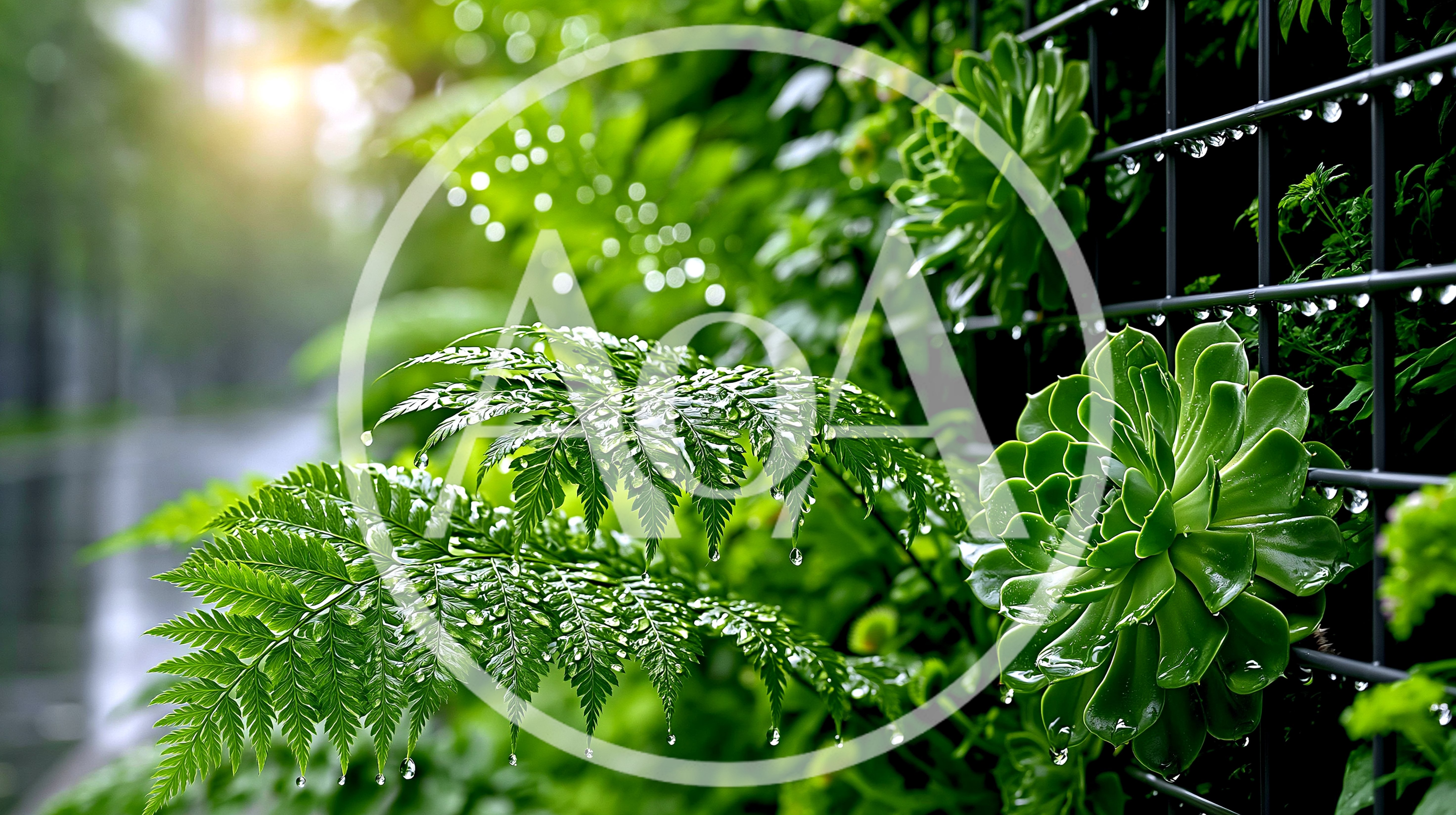 Raindrops On Ferns And Succulents On Vertical Garden Wall