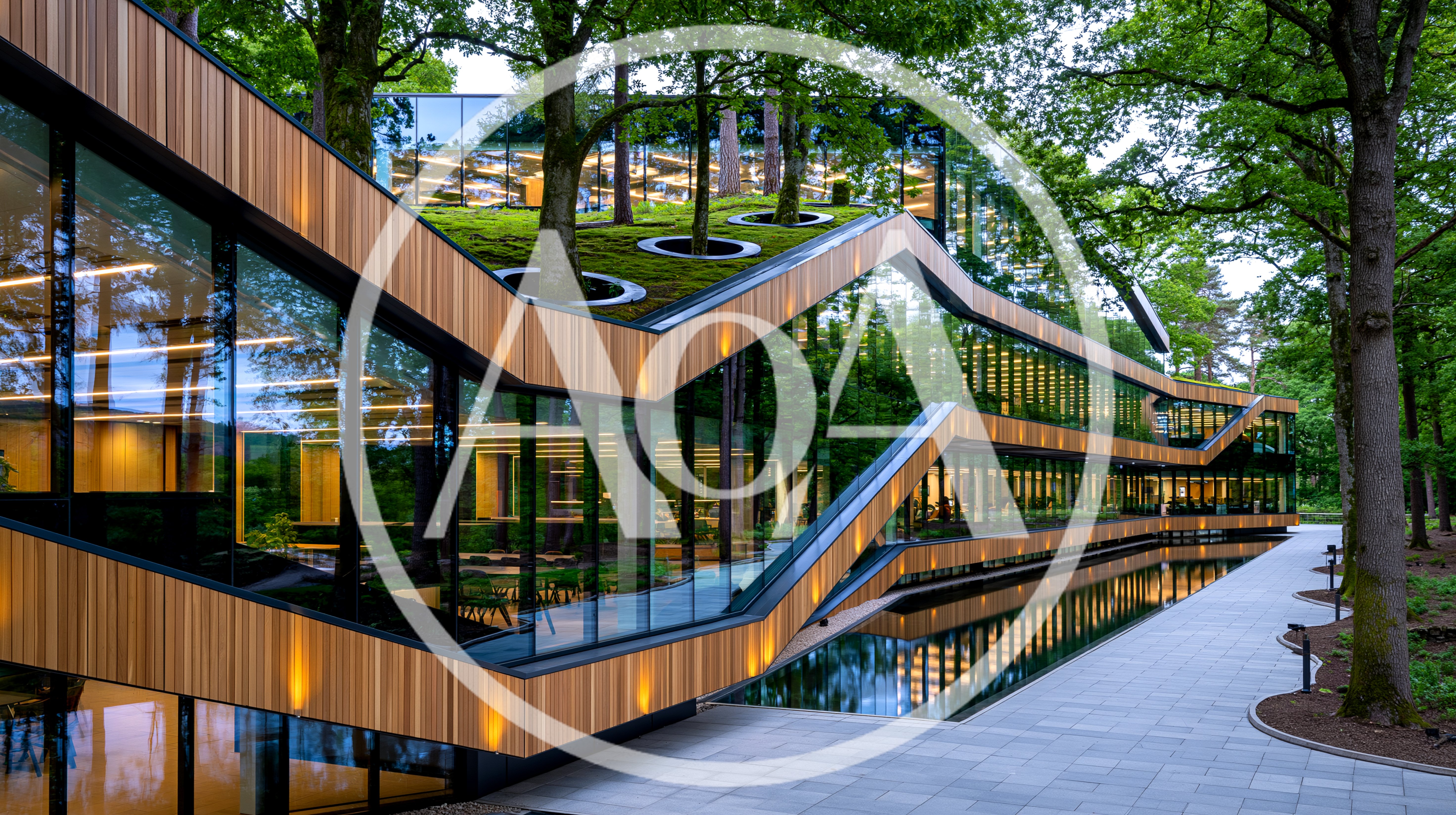 Modern Architectural Building With Green Roof And Forest Surroundings