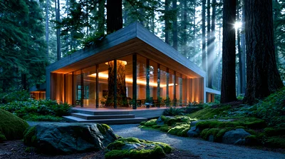 Modern Glass House Built Around A Large Redwood Tree