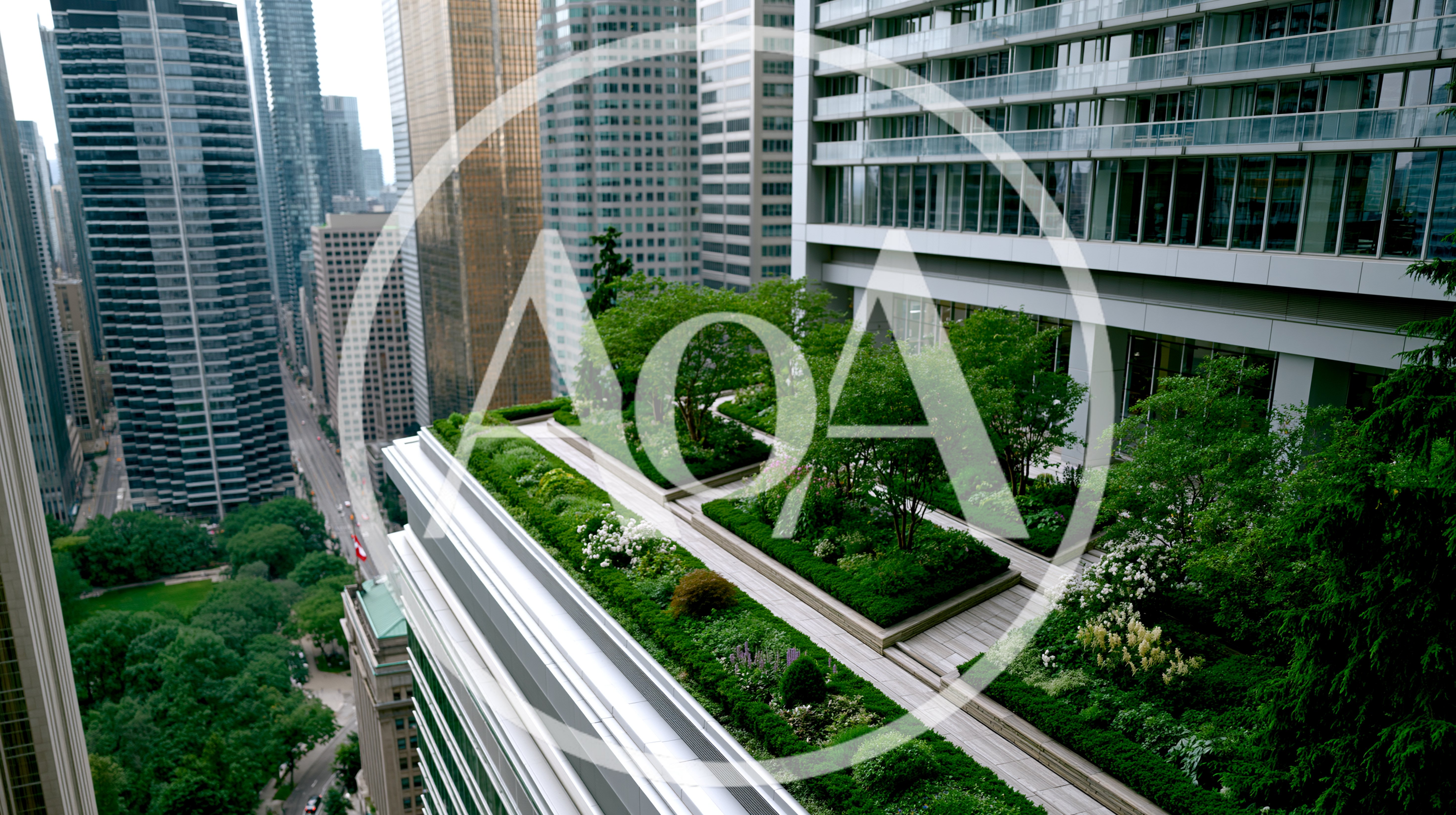 Modern Rooftop Garden Terrace Overlooking City Skyscrapers