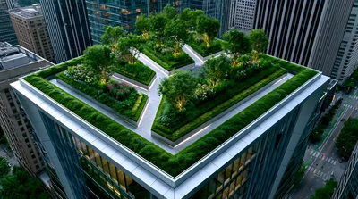 Aerial View Of Modern Skyscraper Rooftop Garden