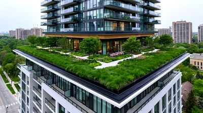 Aerial View Of Modern High Rise Rooftop Garden