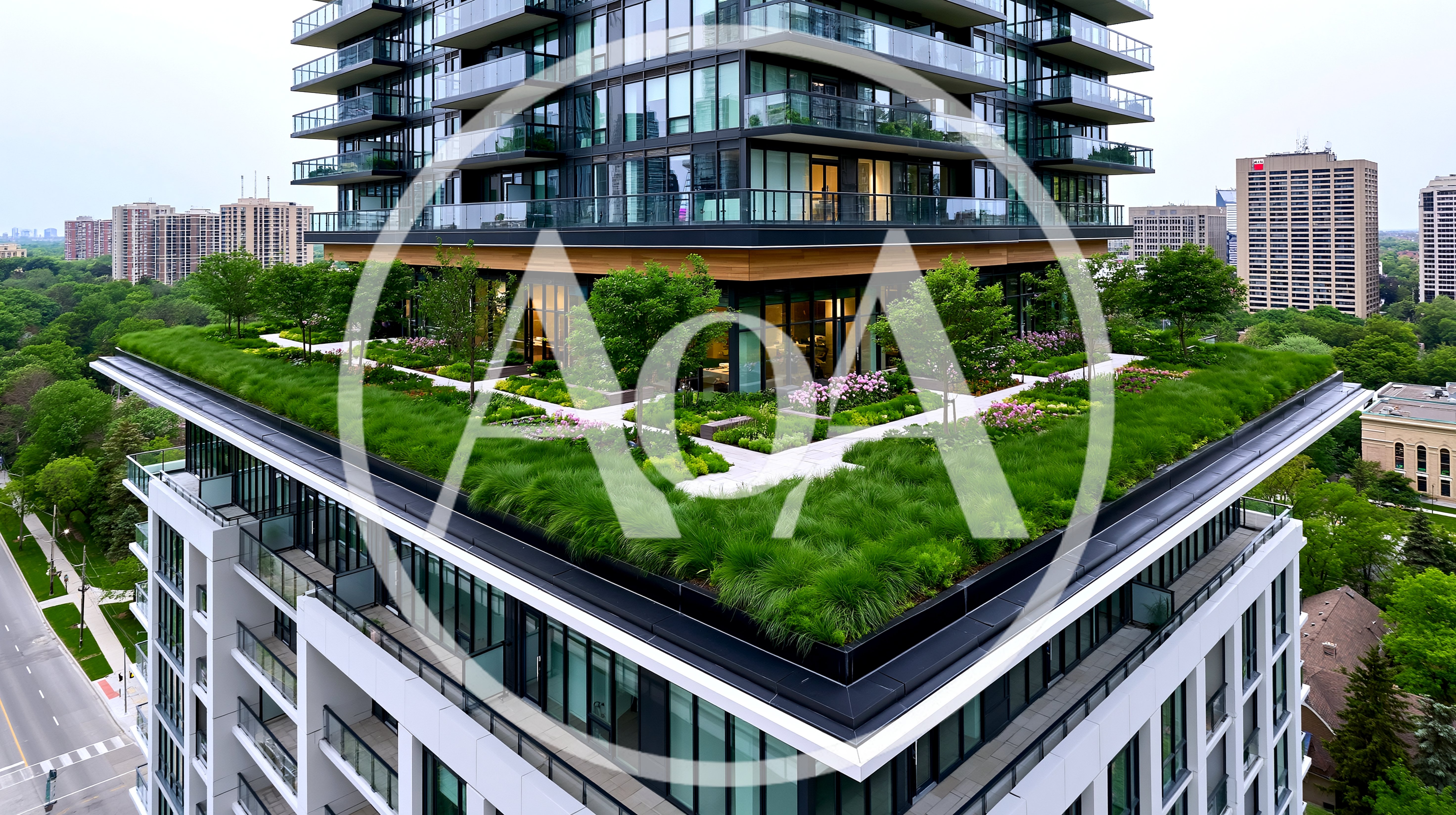 Aerial View Of Modern High Rise Rooftop Garden