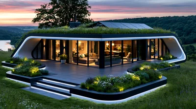Modern Eco Friendly House With Green Roof At Sunset