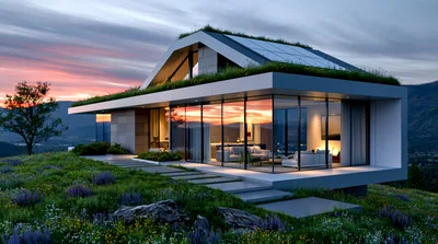 Modern Sustainable Eco House With Green Roof At Sunset