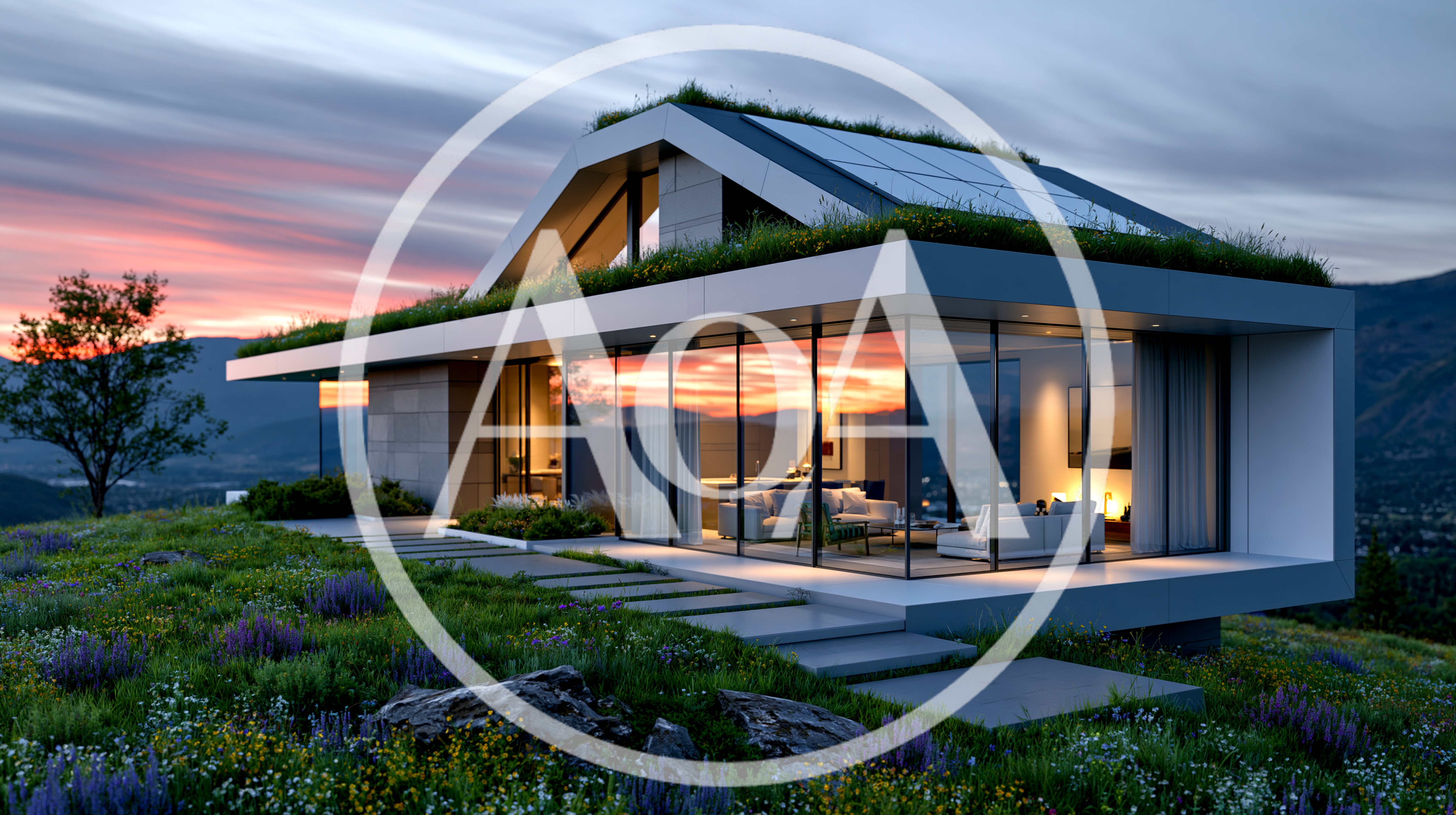 Modern Sustainable Eco House With Green Roof At Sunset