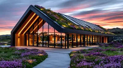 Modern Sustainable House With Green Roof At Sunset
