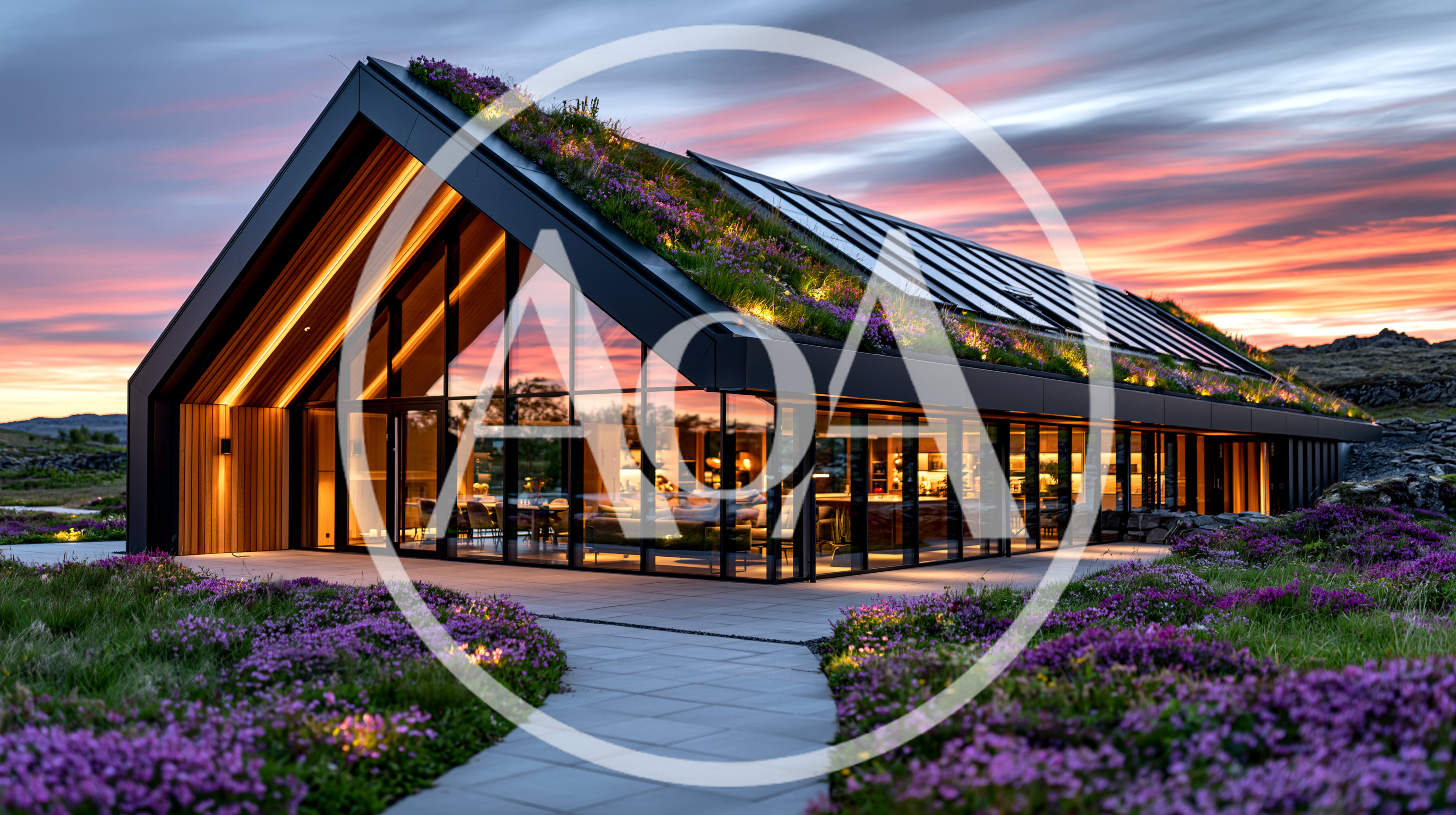 Modern Sustainable House With Green Roof At Sunset