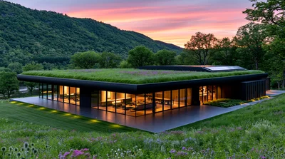 Modern Architectural Home With Green Roof At Sunset