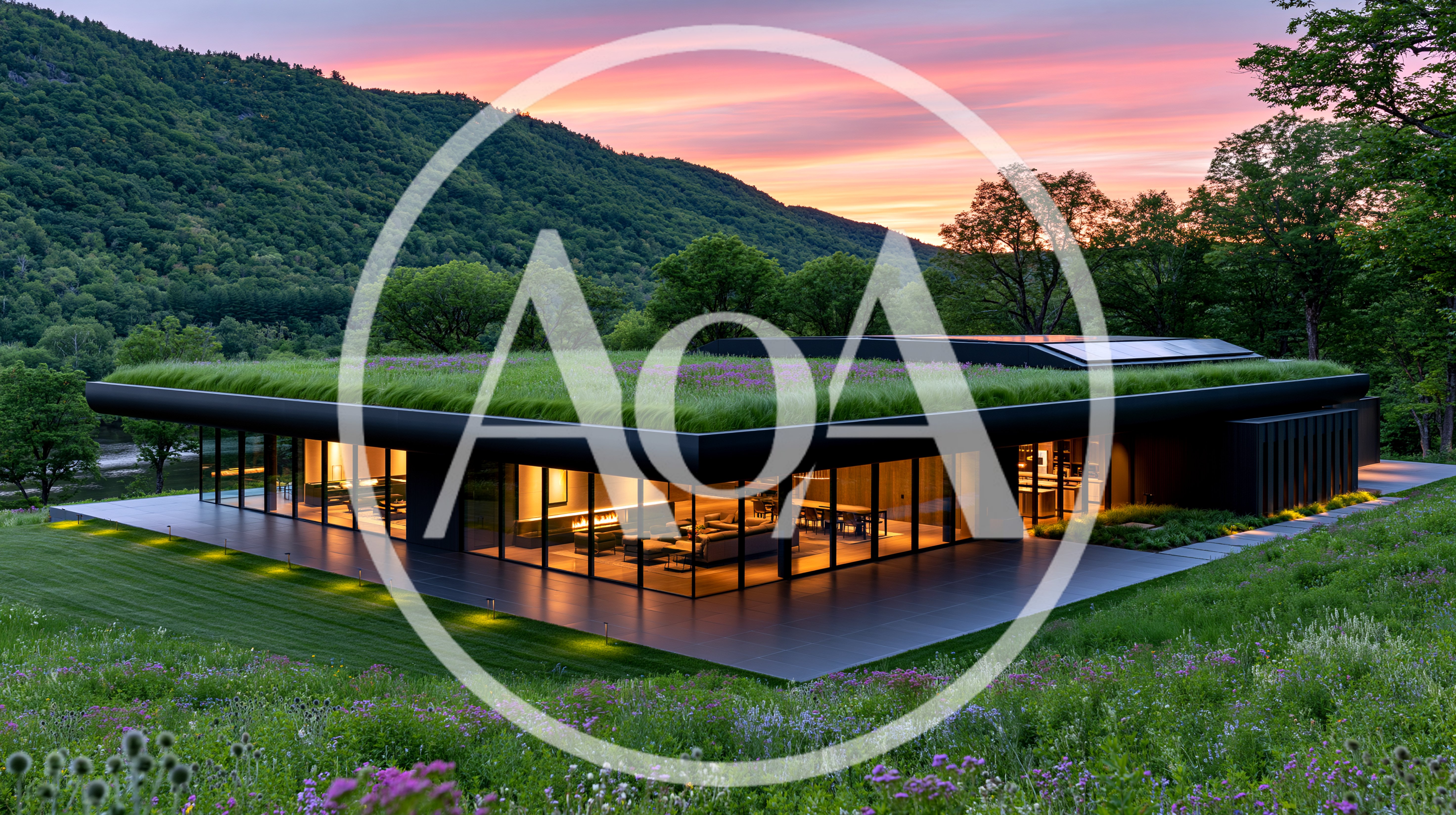 Modern Architectural Home With Green Roof At Sunset
