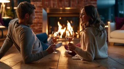 Couple Enjoying Wine By A Cozy Fireplace