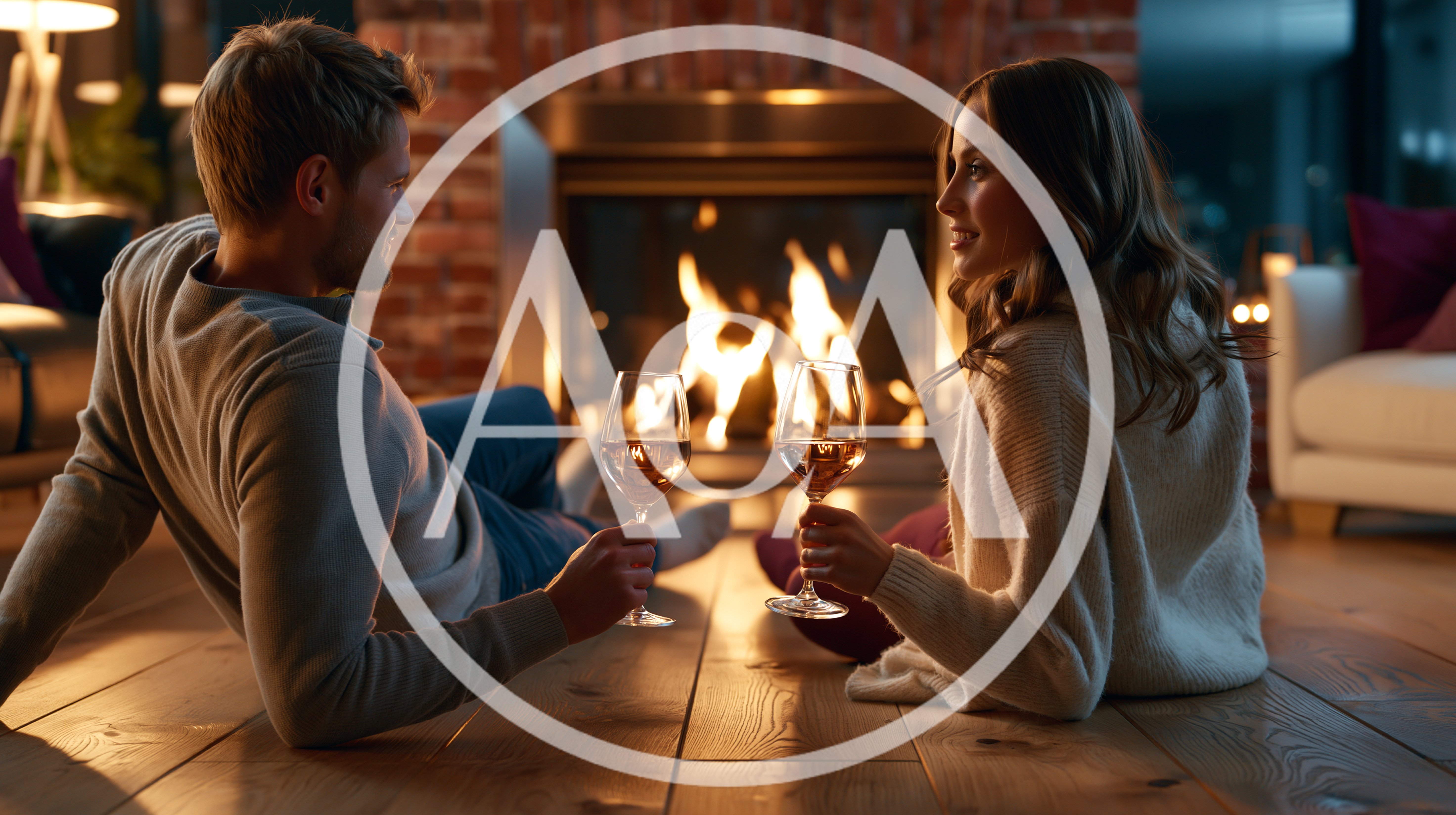 Couple Enjoying Wine By A Cozy Fireplace
