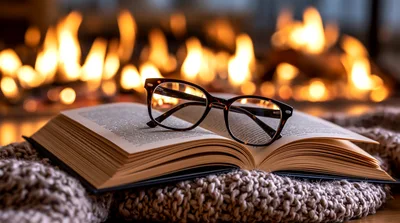 Open Book With Reading Glasses On A Cozy Blanket