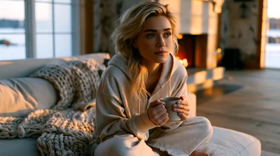 Young Woman Relaxing With Coffee By A Cozy Fireplace