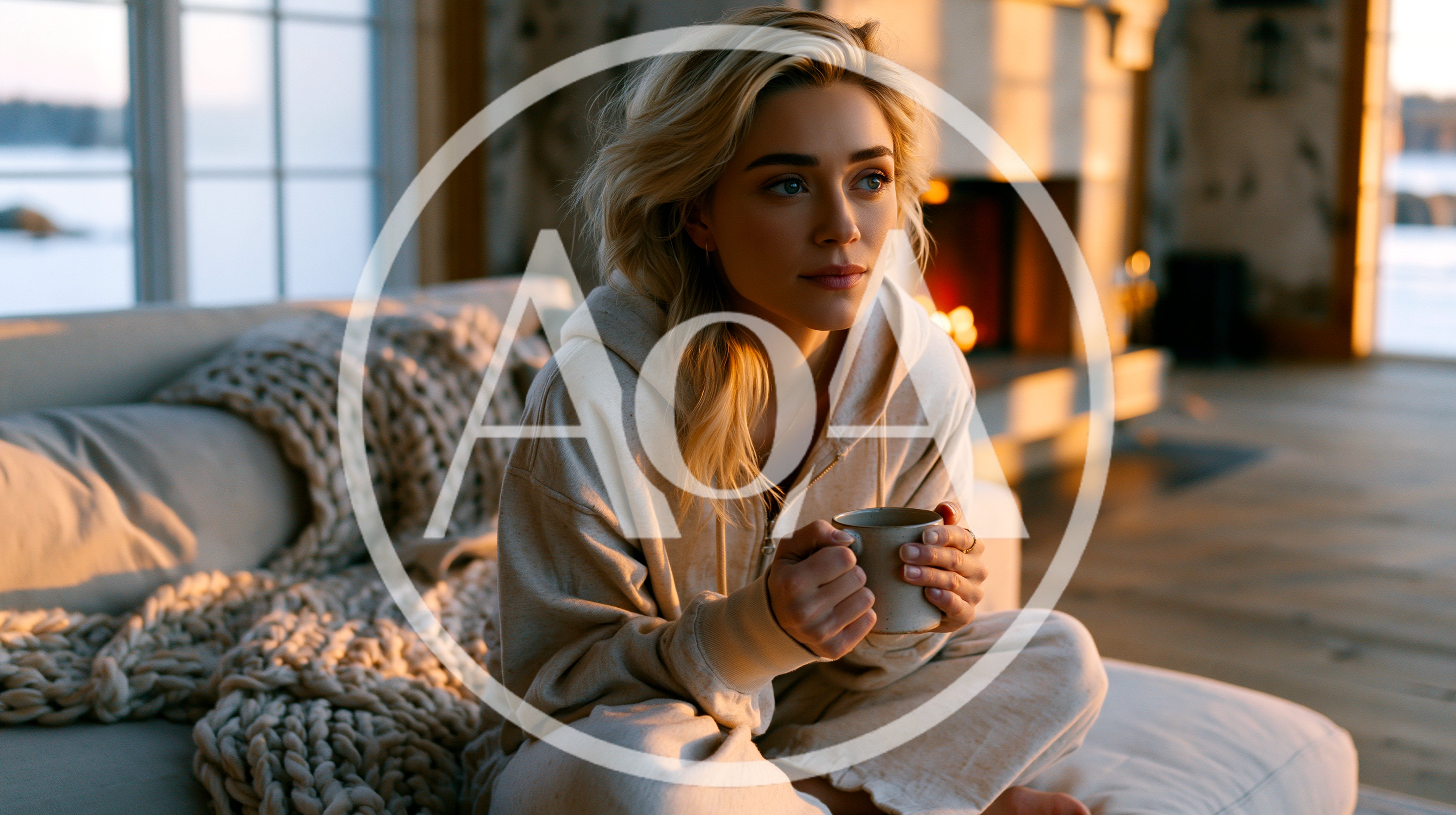 Young Woman Relaxing With Coffee By A Cozy Fireplace