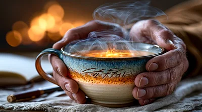 Elderly Hands Holding A Steaming Ceramic Mug