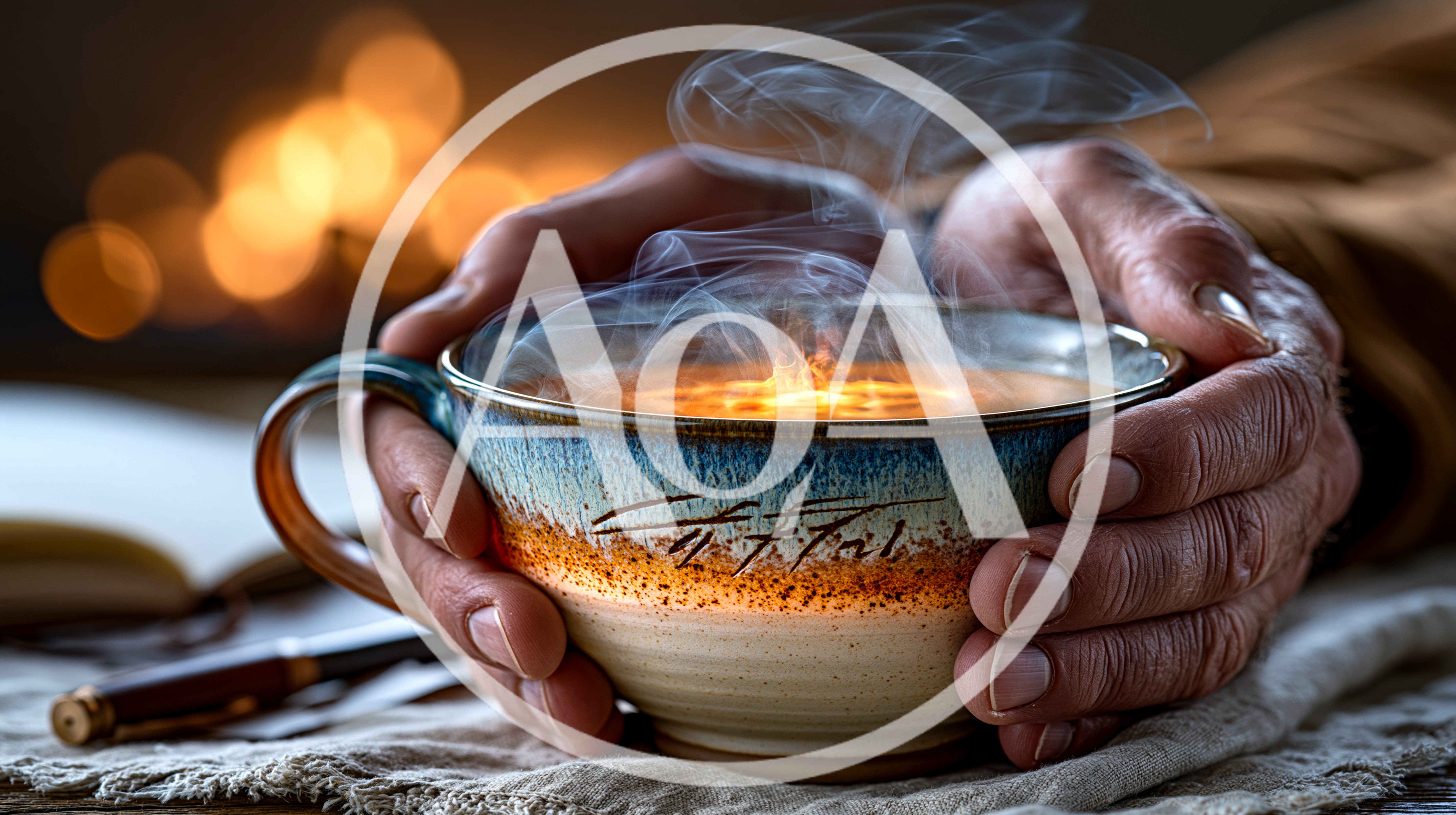 Elderly Hands Holding A Steaming Ceramic Mug