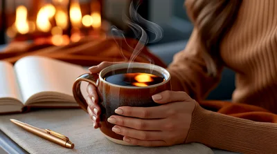 Woman Holding Warm Mug Near Cozy Fireplace