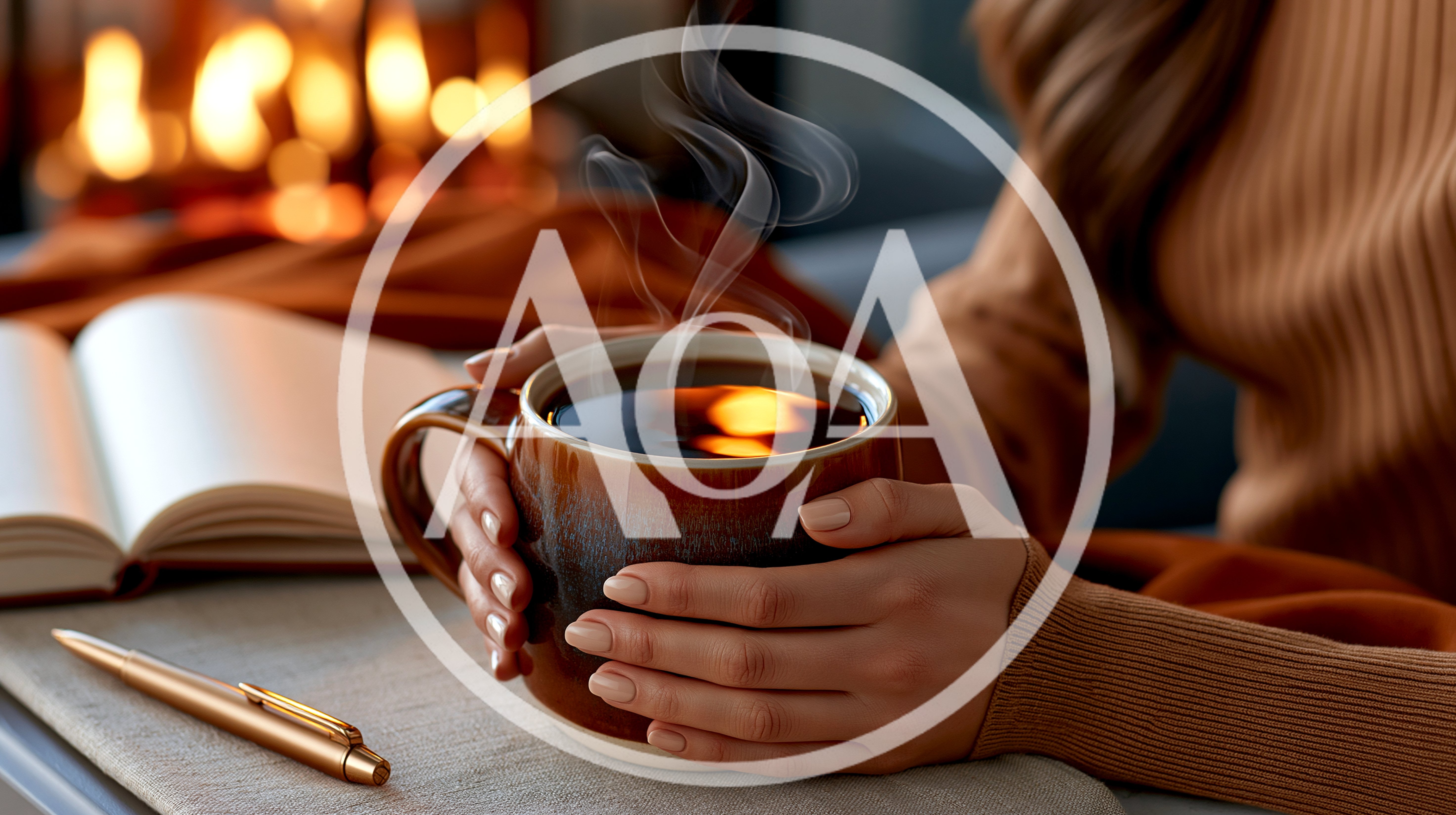 Woman Holding Warm Mug Near Cozy Fireplace