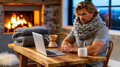 Man Wearing Chunky Knit Scarf Working On Laptop