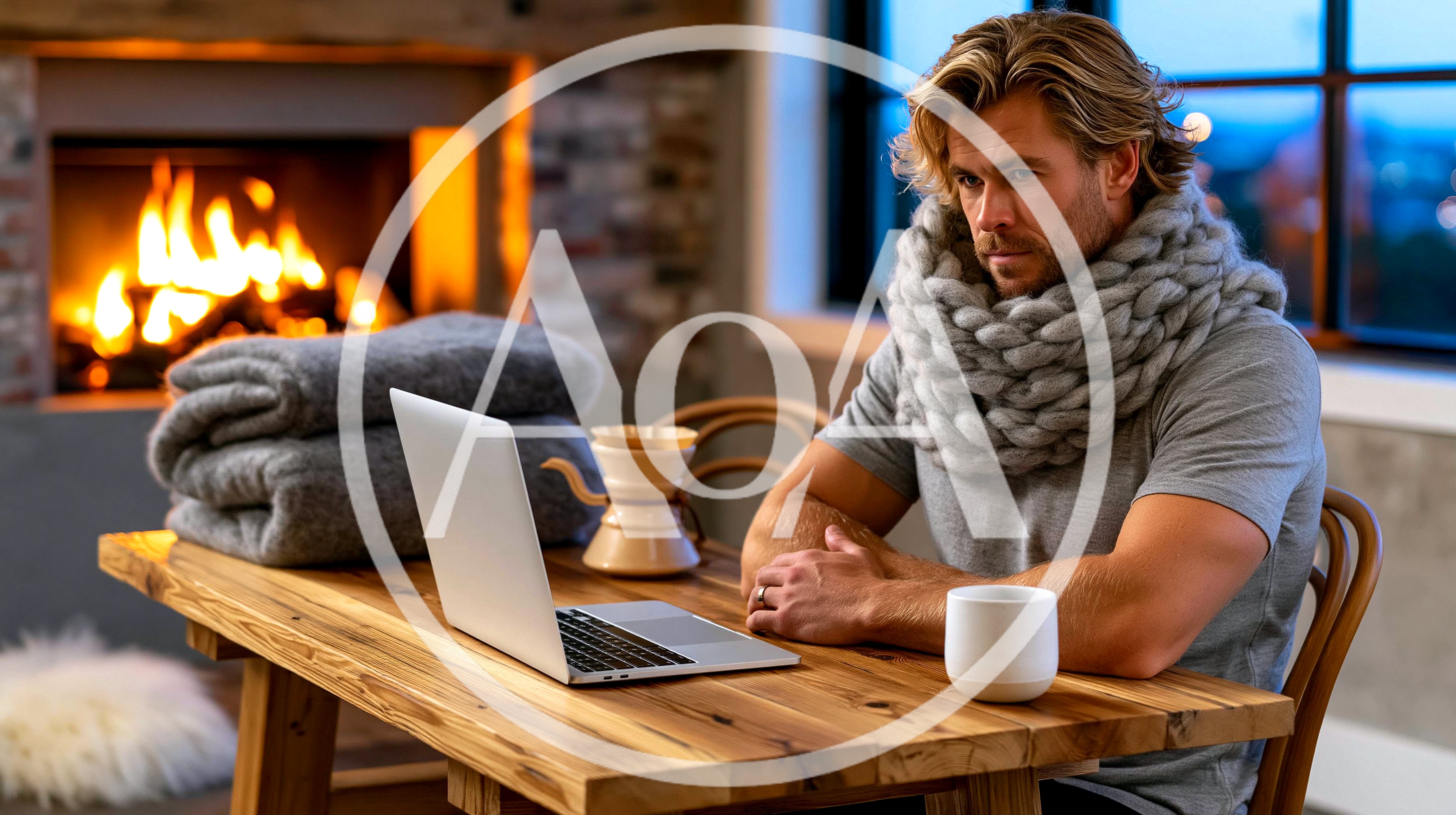 Man Wearing Chunky Knit Scarf Working On Laptop