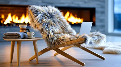 Cozy Modern Chair With Laptop By A Warm Fireplace