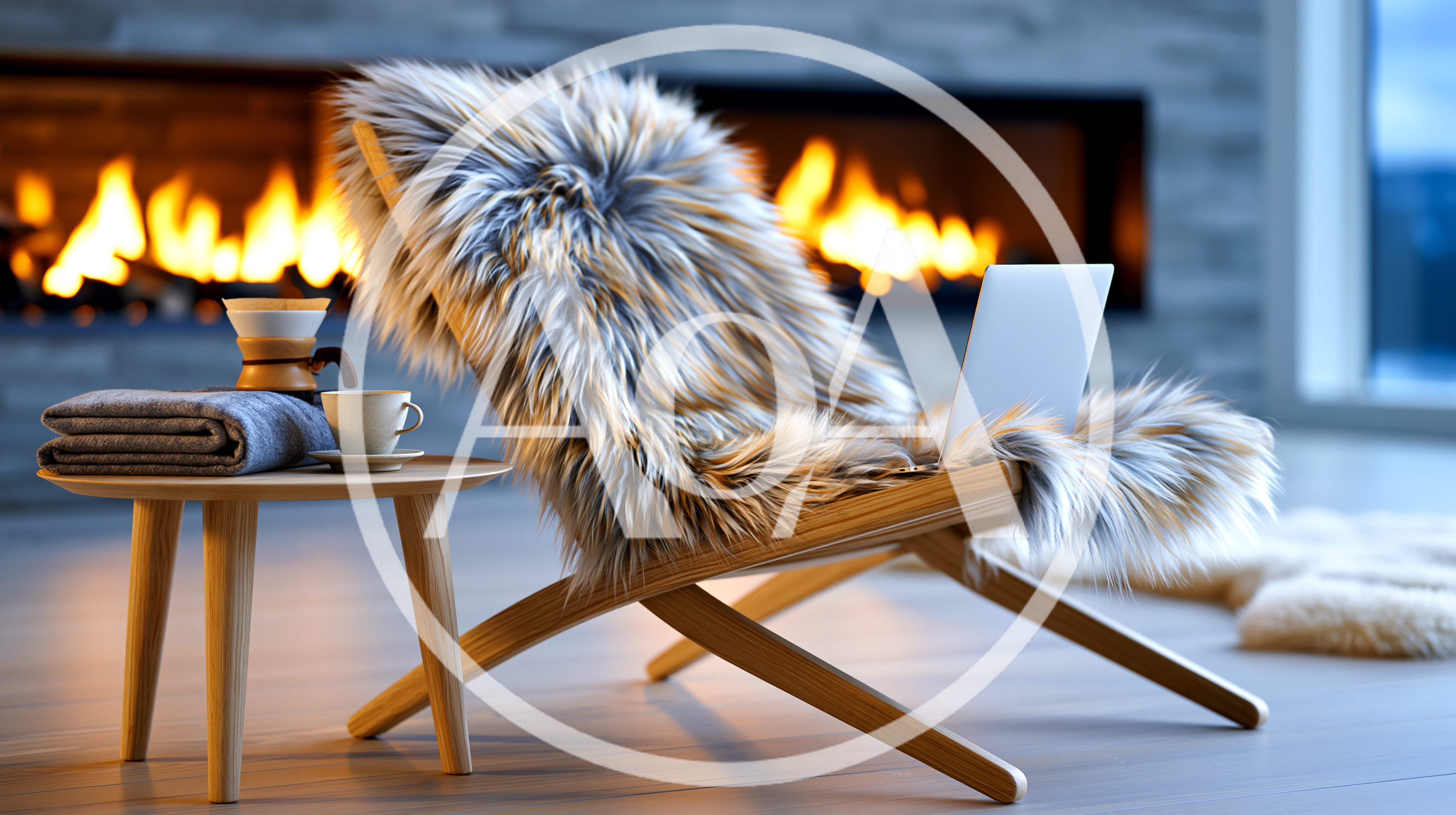 Cozy Modern Chair With Laptop By A Warm Fireplace