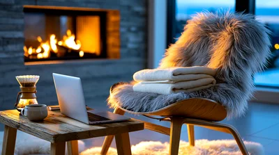 Cozy Living Room With Laptop And Fireplace