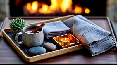 Cozy Tray With Hot Cocoa And Candle By Fireplace