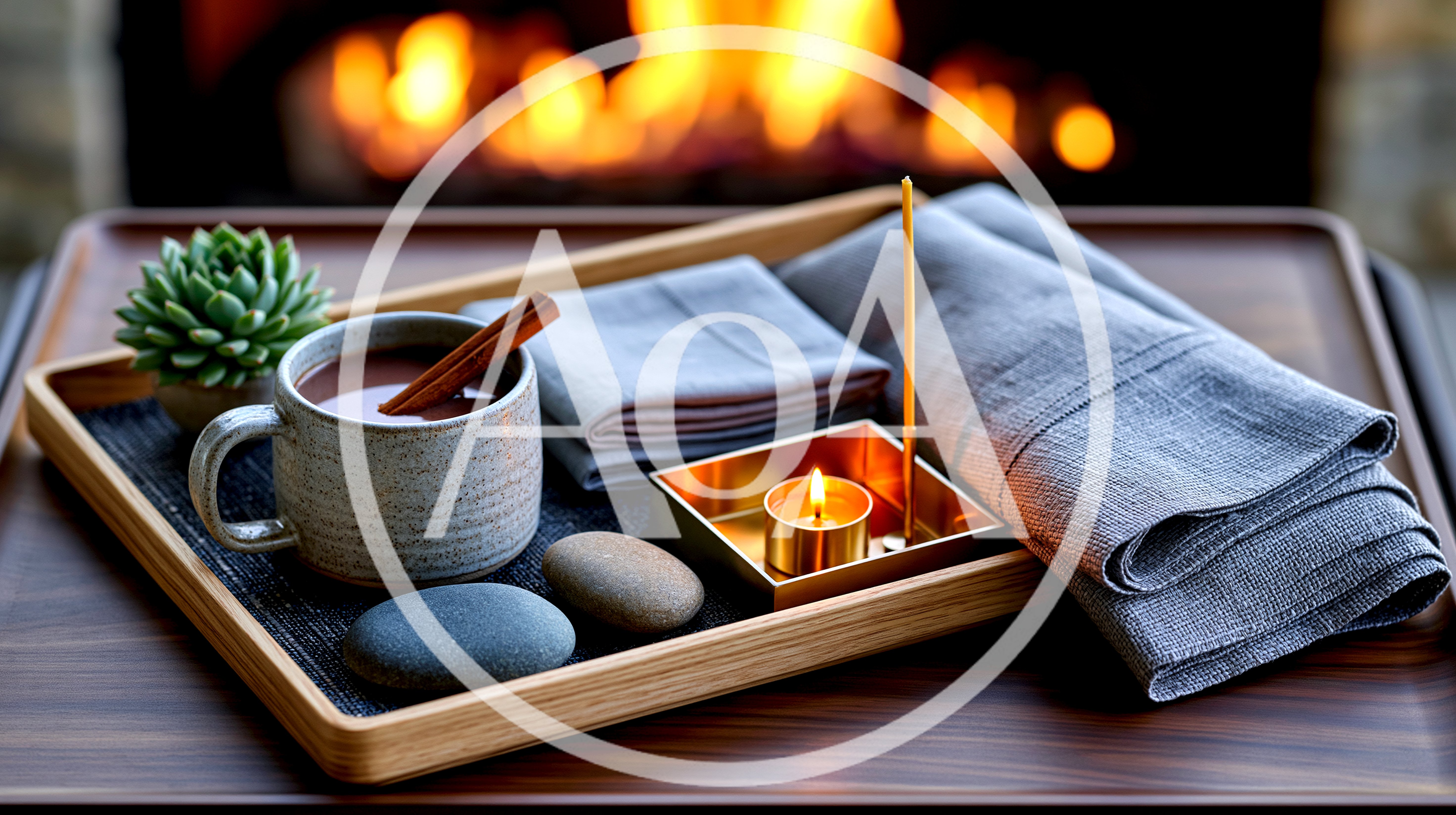 Cozy Tray With Hot Cocoa And Candle By Fireplace