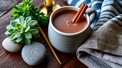 Hot Chocolate Mug With Cinnamon Sticks On Wooden Table