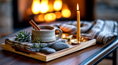 Cozy Hot Beverage On A Wooden Tray By Fireplace