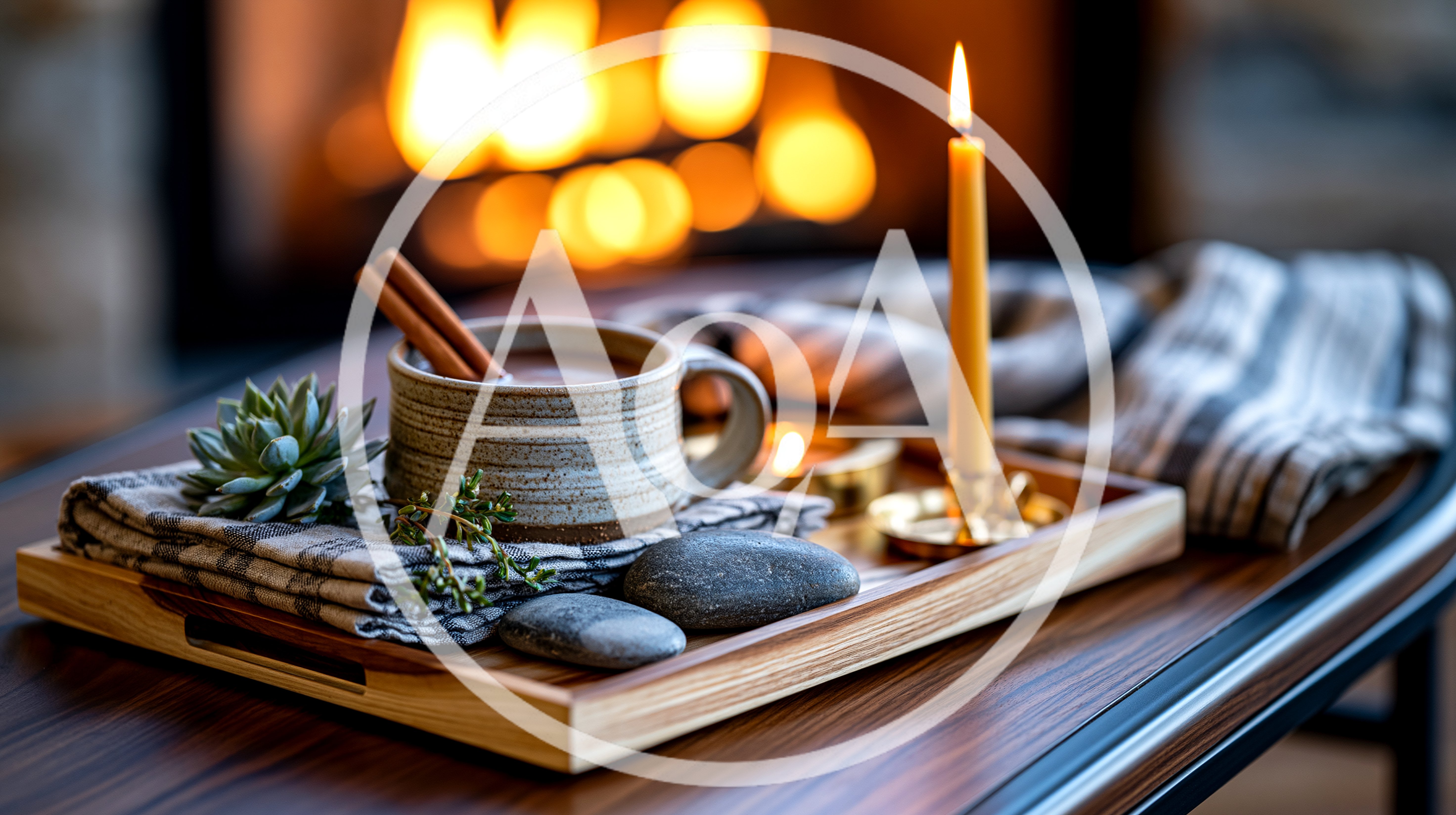 Cozy Hot Beverage On A Wooden Tray By Fireplace