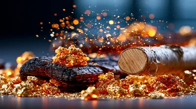 Gold Nuggets Scattered Near Charred Wood and Birch Log