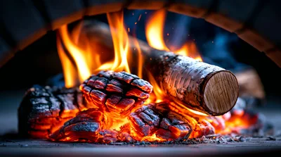Birch Log Burning In A Brick Fireplace