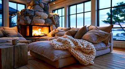 Cozy Living Room With Stone Fireplace And Large Windows