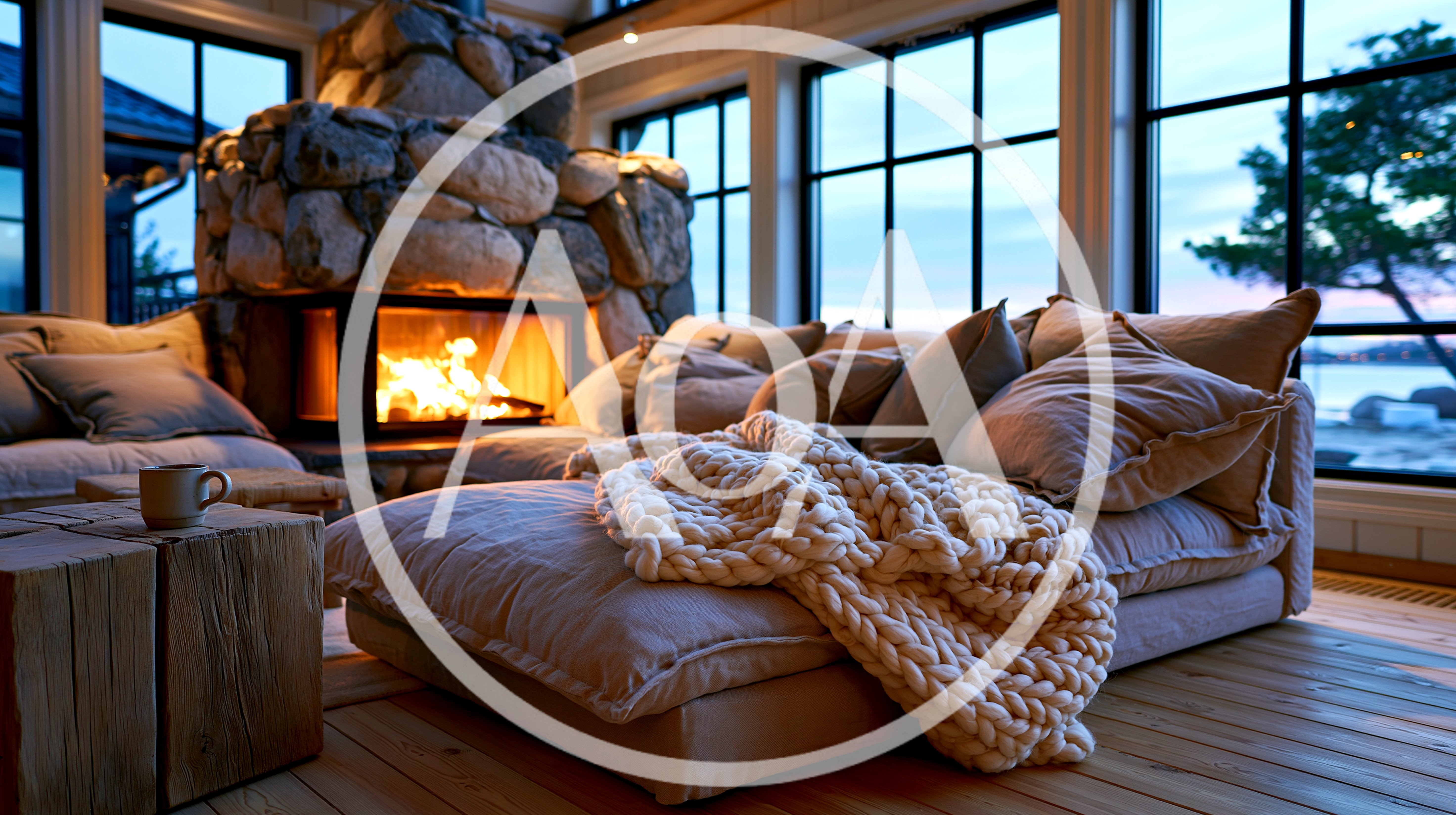Cozy Living Room With Stone Fireplace And Large Windows