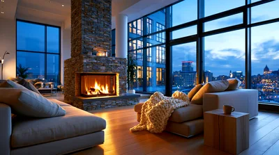 Modern Living Room With Fireplace And City View